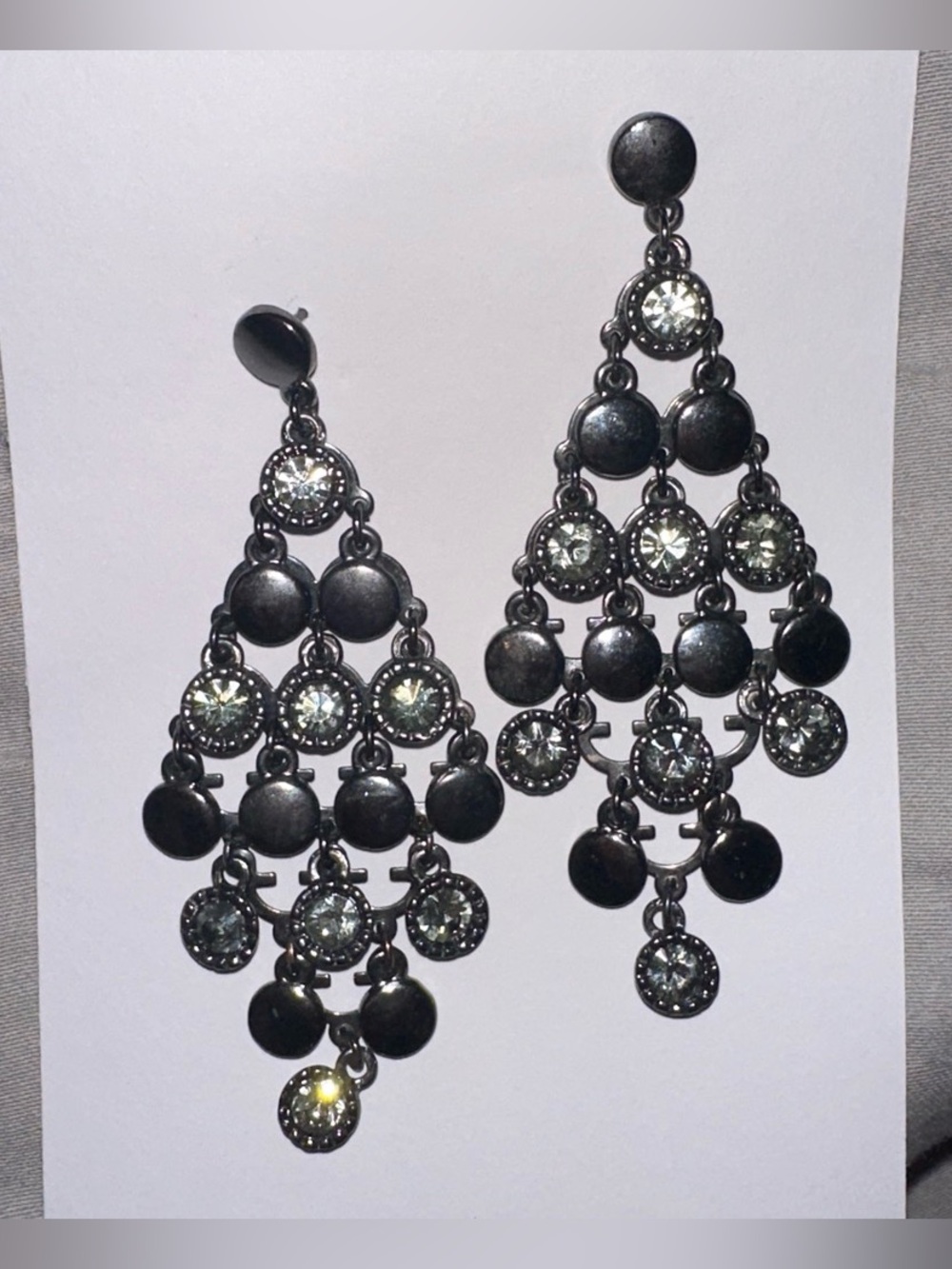 Anthropologie Gunmetal Chandelier Drop Earrings with Clear Crystals